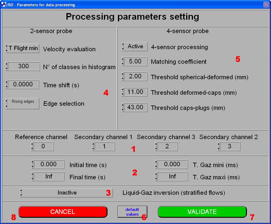 Figure 21: Front panel for selection of processing parameters This panel provides only capture fields dedicated to the specification of the main and secondary processing parameters already described