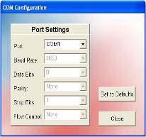 The GUI software will detect all COM ports available on your PC. Select the desired COM port in the PORT drop down menu. When done, press CLOSE button to save your port settings.