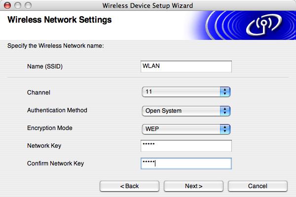 Wireless installation for Macintosh 17 Enter a new SSID and choose Authentication Method and Encryption Mode from the pull-downs in each setting box. Then enter the Network Key and click Next.