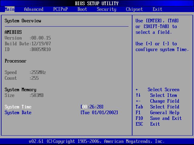 6.2 Main The Main BIOS menu (BIOS Menu 1) appears when the BIOS Setup program is entered. The Main menu gives an overview of the basic system information.