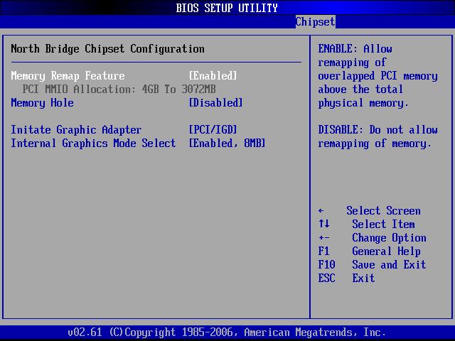 BIOS Menu 21:Northbridge Chipset Configuration Memory Remap Feature [Enabled] Use the Memory Remap Feature option to allow the overlapped PCI memory above the total physical memory to be remapped.