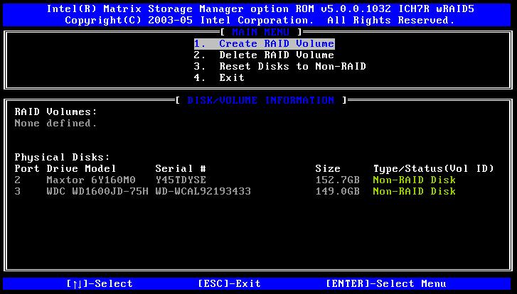 Figure G-1: Matrix Storage Manager Main Menu Step 2: Name the RAID volume.