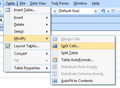 - From the Table menu, choose Modify > Split Cells to open the Split Cells