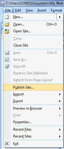 - Click File menu, choose Publish Site.