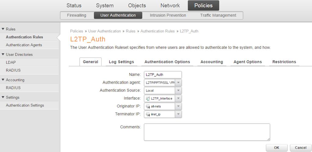 Authentication agent set as L2TP/PPTP/SSL VPN. Authentication Source set as Local.