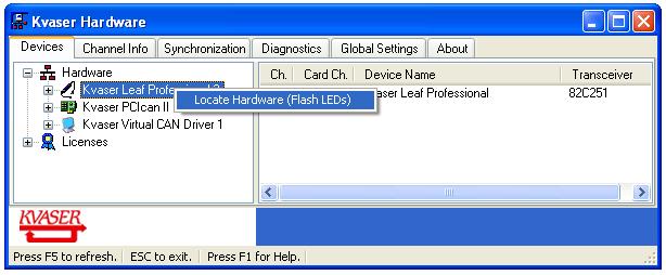 Kvaser Leaf User Guide 8(34) Figure 3: Locate Hardware You can use Kvaser Hardware to locate the Kvaser Leaf by flashing the LEDs. You will find Kvaser Hardware in your Control Panel.
