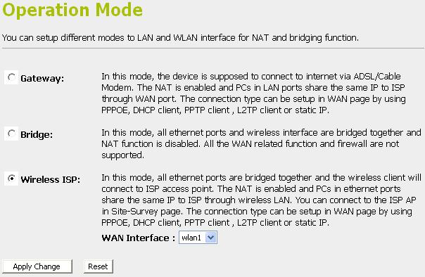 Configure Wireless ISP + Wireless client + Site Survey 2. From the head menu, click on SETUP. 3. From the left-hand Operation Mode menu, click on Wireless ISP Settings. 4.
