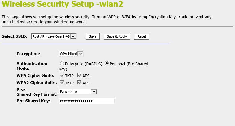 2. From the left-hand menu, click on Security. The following page is displayed: Field Description Select SSID Encryption Use 802.