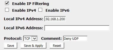 2. From the left-hand menu, click on IP Filtering. The following page is displayed: 3. Check the option Enable IP Filtering to enable the IP Filtering. 4.