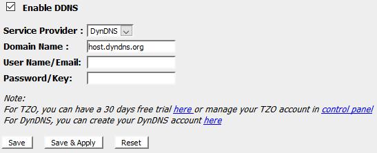 2. From the left-hand menu, click on DDNS. The following page is displayed: 3. Click on Enable DDNS 4. Select the DynDNS from the Service Provider drop-down list. 5.
