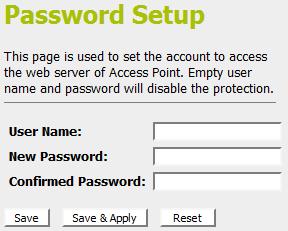 2. This page displays the current username and password settings. Change your own unique password in the relevant boxes.