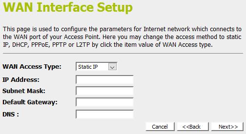 From the WAN Access Type drop-down list, select Static IP setting.
