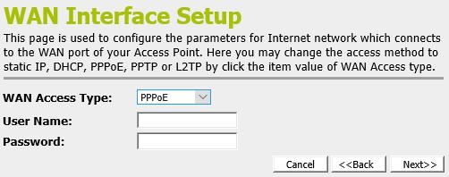 Click Next>>. PPPoE In this mode, the device is supposed to connect to internet via ADSL/Cable Modem. The NAT is enabled and PCs in four LAN ports share the same IP to ISP through WAN port.