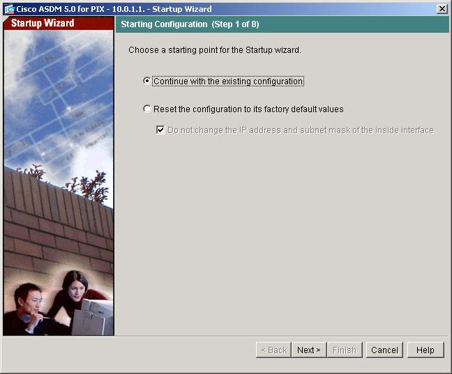 Step 5 Configure the PIX using the Startup Wizard a. Open the Startup Wizard by navigating to Wizards>Startup Wizard. Click on Startup Wizard. b. The Startup Wizard window appears.