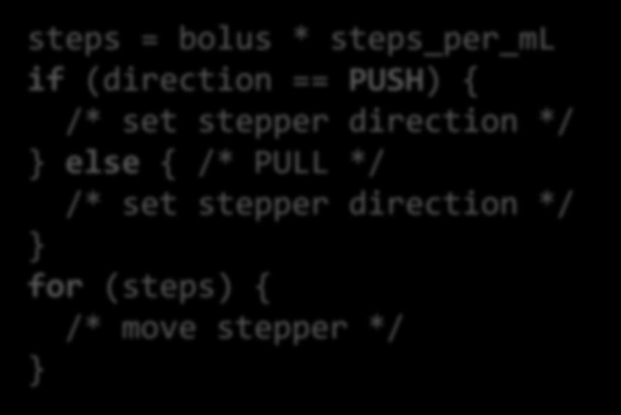 bolus * steps_per_ml if (direction == PUSH) { /* set stepper direction */ } else { /* PULL */ /* set stepper direction */ } for (steps) { /* move stepper */ }