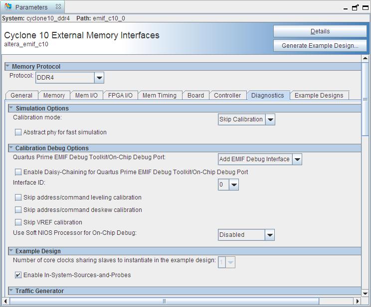 3. Configure the EMIF IP and click Generate Example Design in the upper-right