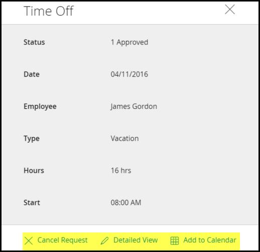 Time Off Request Details Actions Check the box adjacent to each applicable date. Click Approve to approve the selected dates of the time off request.