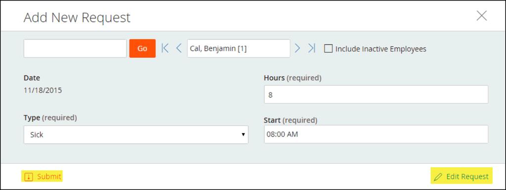 2. Select the benefit Type from the drop down. 3. Enter the number of Hours. 4. Enter the Start time. 5. Click Submit to submit and approve the time off request. 6.