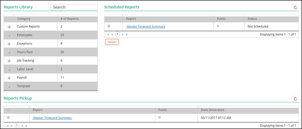 REPORTS Reports Description Access available reports, schedule, and e-mail report generations for the company. Reports can run immediately, at a scheduled time, or on a recurring schedule.