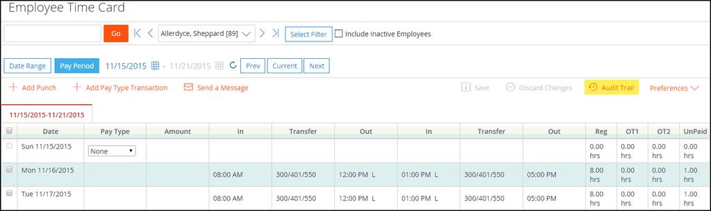 Use the Message Center to send a message to a group of employees. Audit Trail Actions 1. Click Audit Trail in Employee Time Card to view the audit trail. 2.