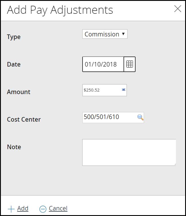 1. Click Add Pay Adjustment to create a new pay adjustment. 2. Select the Type. 3. Select or enter the Date. 4. Enter the Amount. 5.