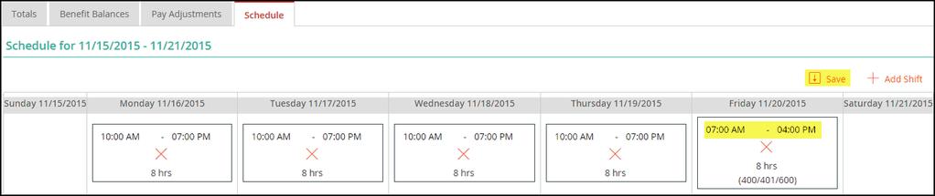 Edit Shift 1. To edit a shift, click into the applicable Start Time and End Time fields and click Save. 2. A message will appear indicating that the updated shift has been saved successfully.