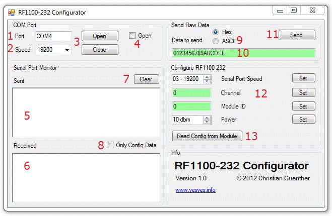 1 - Enter the COM port name the RF1100-232 module is connected to. 2 - Select the serial port speed that the module is currently set to.