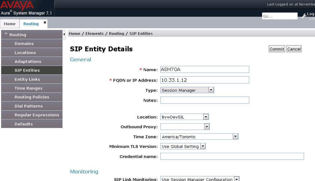 6.3. Add SIP Entity A SIP Entity must be added for Session Manager and for each SIP telephony system connected to Session Manager which includes Communication Manager.