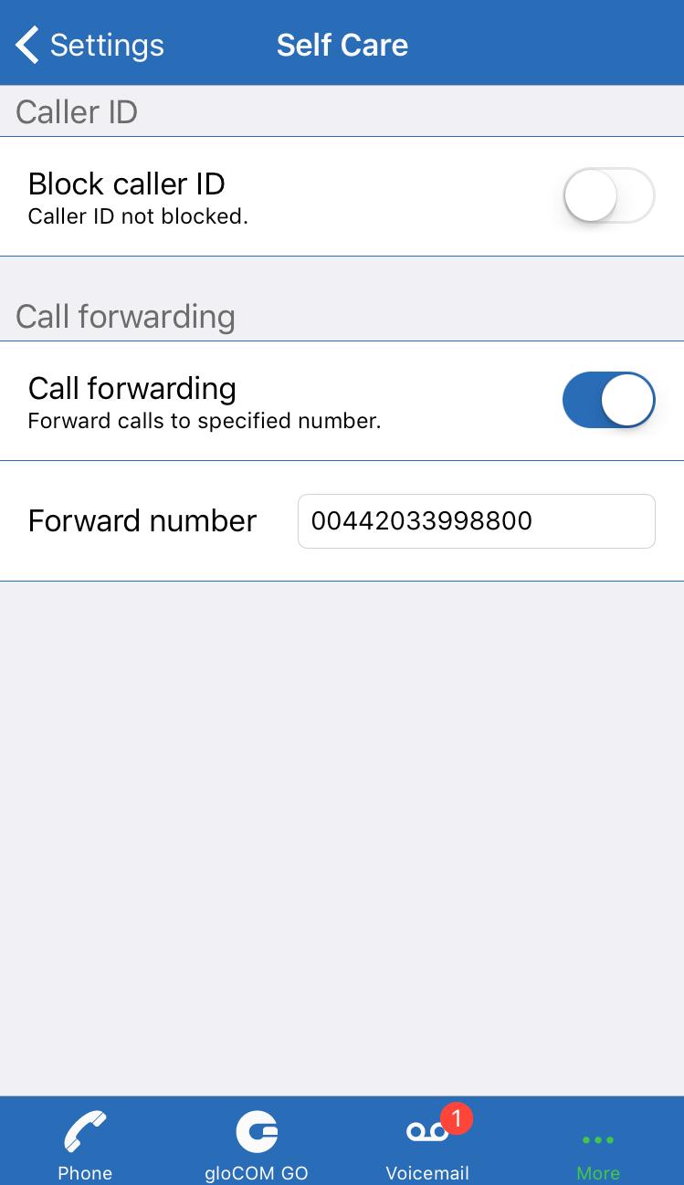 Self Care options Self Care options in settings include options to block your caller ID, enable unconditional call forwarding and to specify the number to forward calls to.
