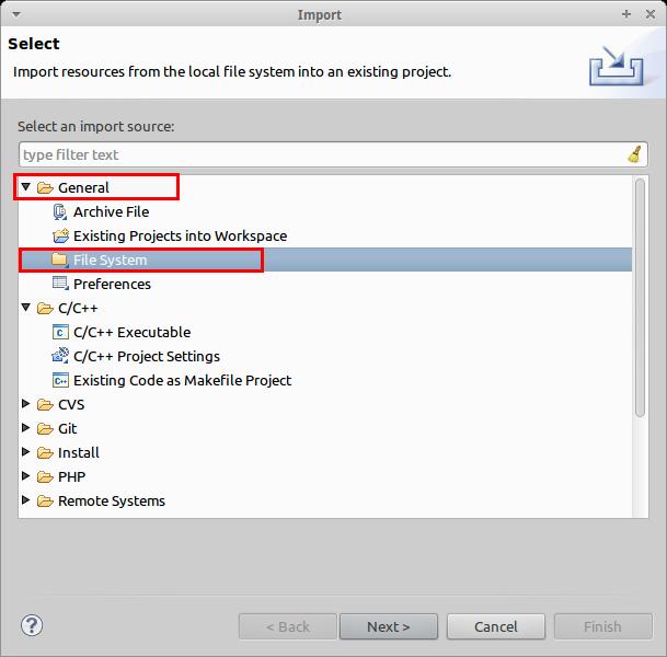 From the Import window, select General > File System as the import source. Then click Next >.