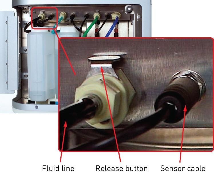 Fill the fluid tanks 1. Press the metal release buttons to free the tubing and remove the sensor cable from the instrument. 2.
