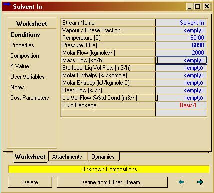 7. Defining stream component specifications: On the PFD, double-click on the blue line that says Solvent in (stream). A Solvent In window will pop up.