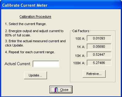 11-2 When this screen, is displayed the Cal Factors will be blank. Press Retreive to view them. Before adjustment you should document these numbers for record keeping.
