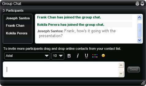 You can also invite more participants during a group chat session. 1. In the Address Book on the Contacts tab, select the desired contacts. Contacts must be online. 2.