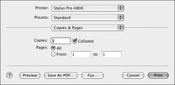 Printing with Epson Drivers for Macintosh 65 Choosing Basic Print Options Once you have selected your page setup options, you need to select printing options.