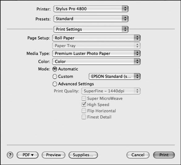 66 Printing with Epson Drivers for Macintosh You see this screen: Note: Check the web site (http://prographics. epson.com) or your authorized Epson dealer for other media that may be available. 4.