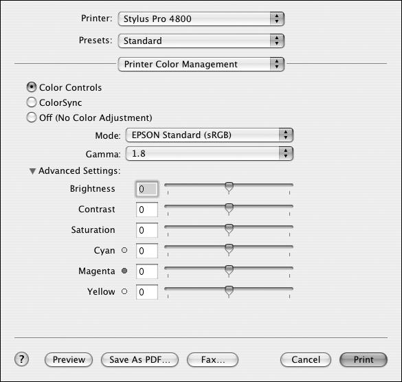 Printing with Epson Drivers for Macintosh 69 Choosing Color Management and Paper Configuration Options Follow these instructions to use color management in the printer driver.