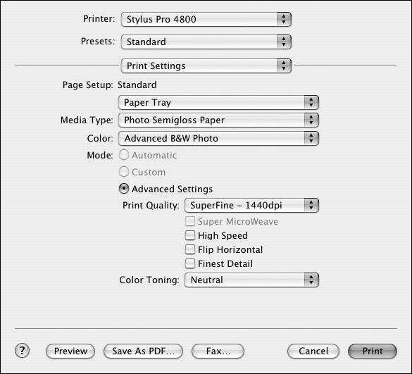 Printing with Epson Drivers for Macintosh 75 Choosing Advanced Black and White Photo Settings The Advanced Black and White Photo mode allows you to easily produce neutral and toned black-and-white