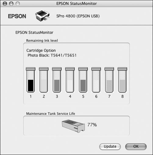 80 Printing with Epson Drivers for Macintosh The software checks the amount of ink in the printer and maintenance tank and