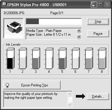 Printing with Epson Drivers for Windows 97 Managing Print Jobs Your printer comes with several utilities that let you check on your print jobs and cancel, pause, or restart them.