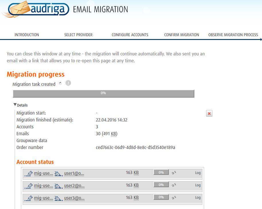 page open, since you can always re-open it with the link you will receive at the migration s start. Click on Details to get further information about the migration.