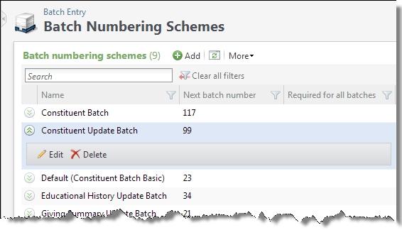 19 CHAPTER 2 Configure Batch Numbering Schemes On the Batch Numbering Schemes page, you manage the batch numbering schemes used to create batches.