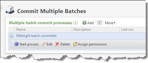 98 CHAPTER 4 The Multiple batch commit processes grid lists the processes in the database and displays the name and description of each process.