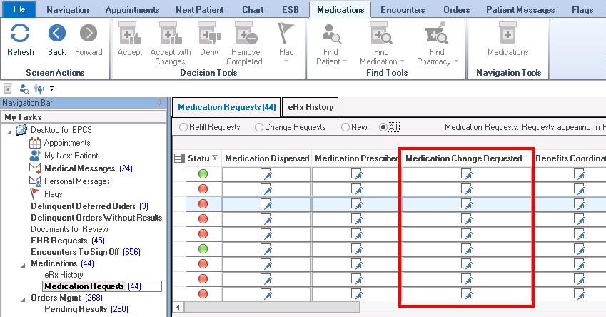 Medication Change Requested column to display a Med Requested dialog