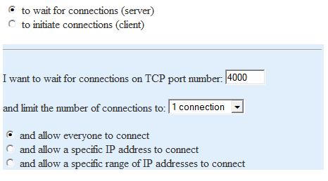 Select: at power up - if you want the serial server to always be connected when the serial port receives data - if you only want to establish a connection when there