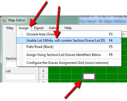 If you create a cell as a usable lot (grave) and it becomes white, you can then type in that cell, and you should then assign your grave identifier (ex. A,1,1).