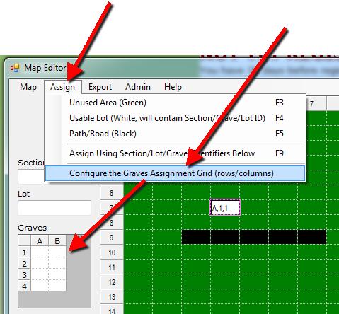 Use the ASSIGN menu and Configure Grave Assignment Grid menu to determine the number of graves in your lot and how they should be oriented (rows/columns).