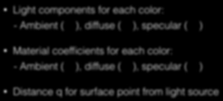 Reminder: Phong Lighting Light components for each color: - Ambient ( ), diffuse ( ), specular ( ) L a L d L s Material coefficients for each color: - Ambient ( ),