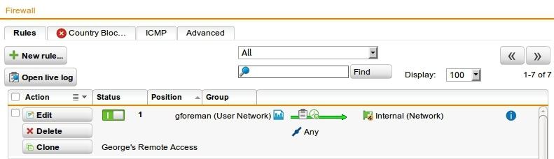 2 Configuring UTM 4. Click Save. The new firewall rule is added to the list and remains disabled (toggle switch shows gray). 5. Enable the rule by clicking the toggle switch.