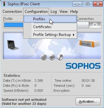 3 Configuring the Remote Client 1. Import the user s configuration file. The profile settings of the INI file have to be imported to the Sophos IPsec Client.